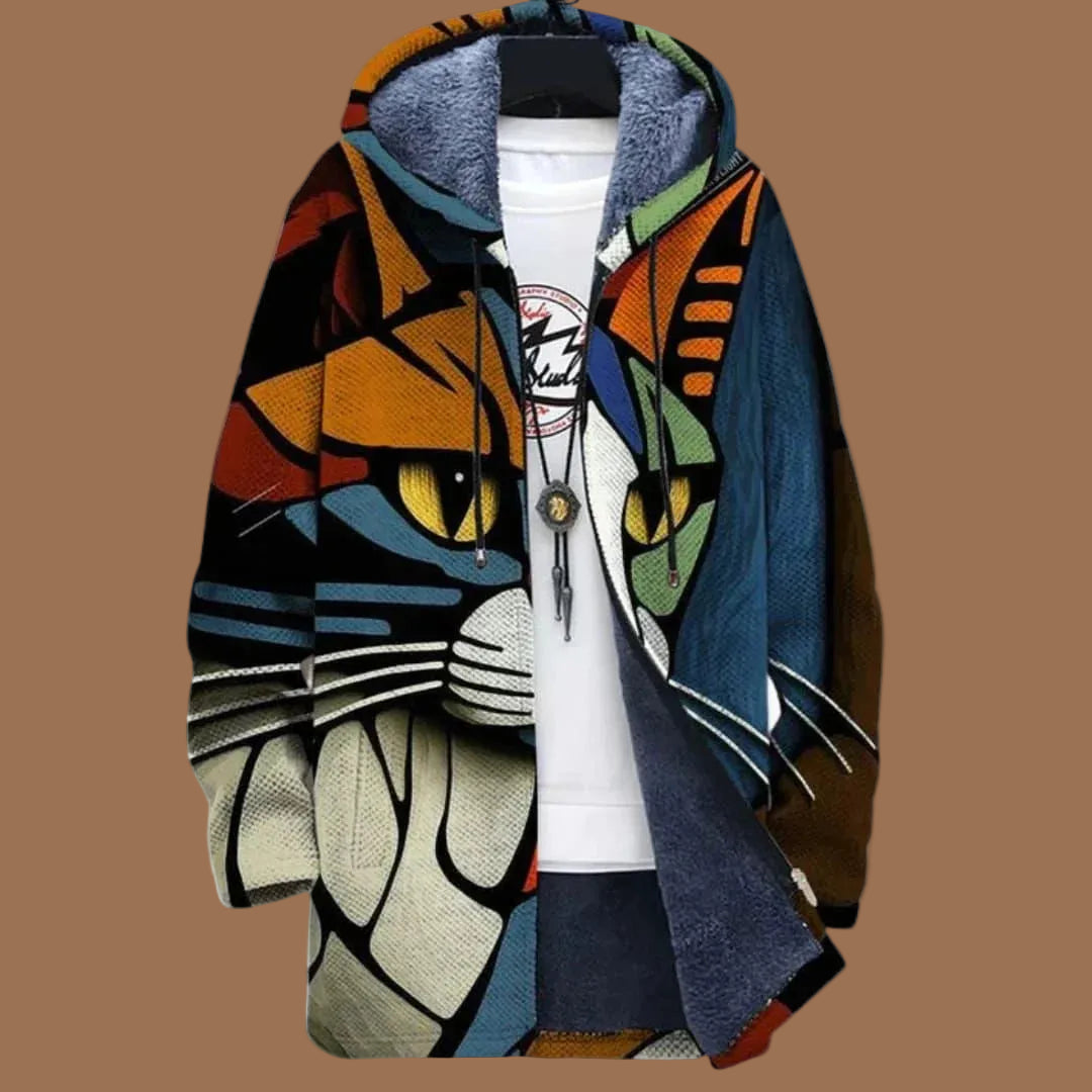 Men's hooded abstract print zip-up jacket with long sleeves