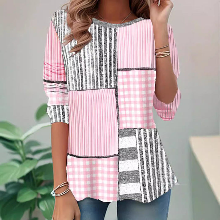 Women's patchwork sweatshirt with mixed pink, grey, blue and navy printed panels