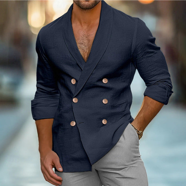 Men's shawl collar cardigan jacket with button front and rolled sleeves