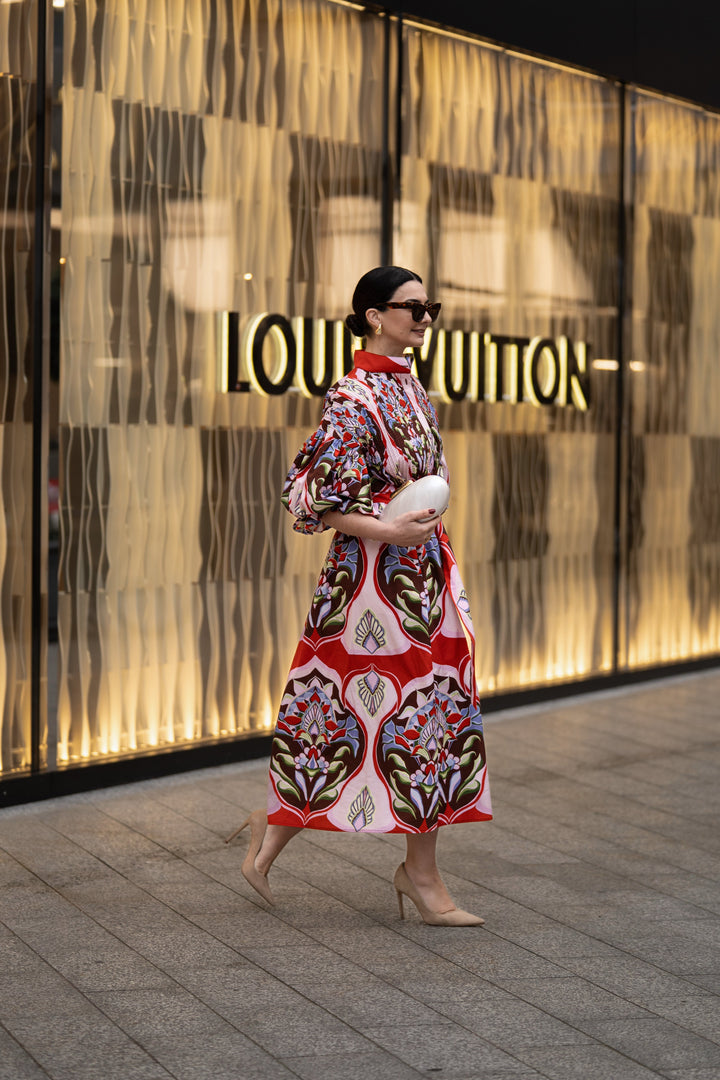 Women's Red Floral Print Dress — Flowing Silhouette Summer Dress