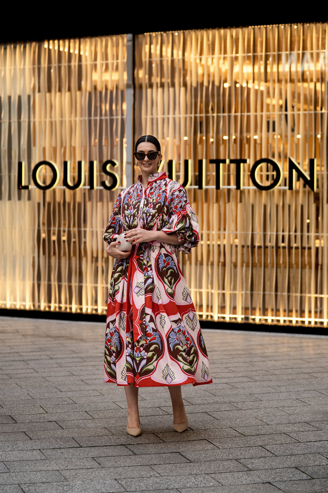 Women's Red Floral Print Dress — Flowing Silhouette Summer Dress