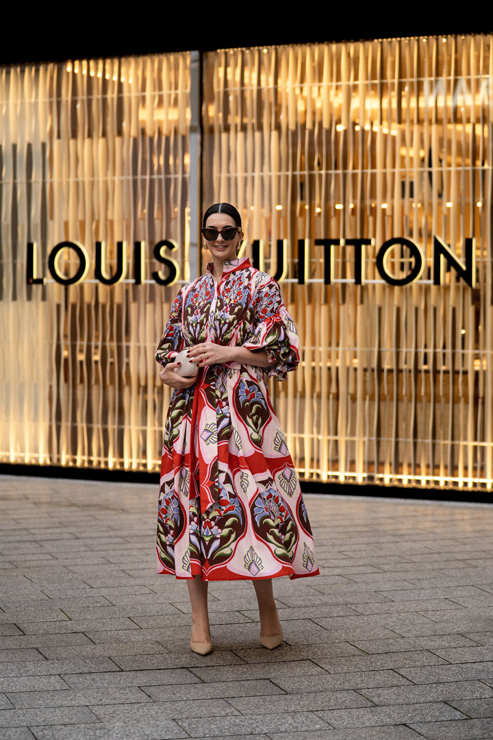 Women's Red Floral Print Dress — Flowing Silhouette Summer Dress