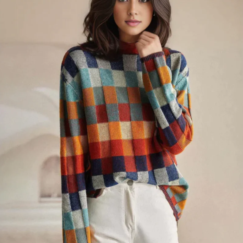 Women's multicoloured checkered patchwork turtleneck sweater with long sleeves