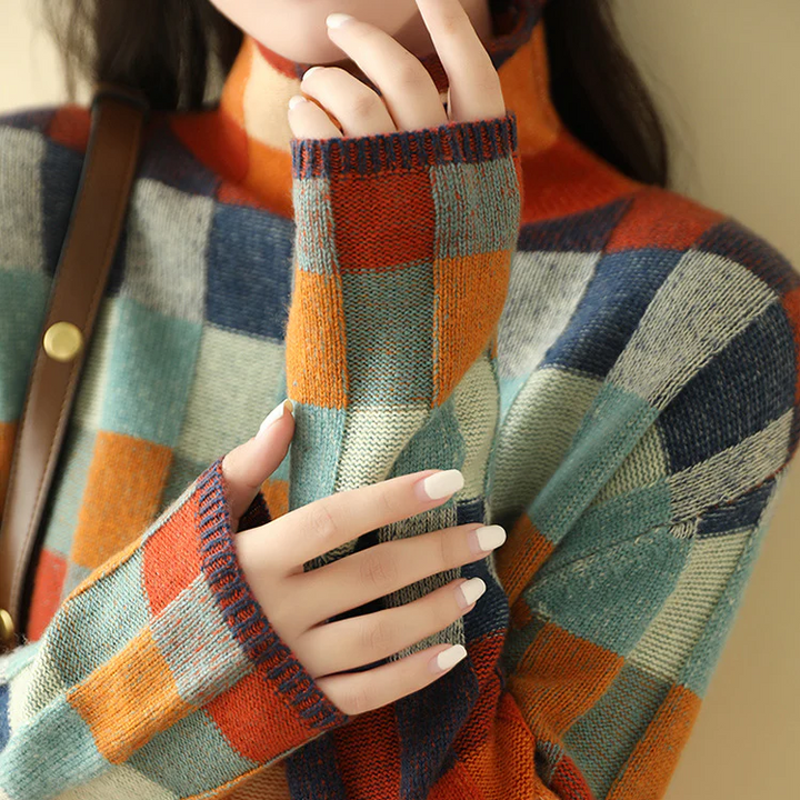 Women's multicoloured checkered patchwork turtleneck sweater with long sleeves