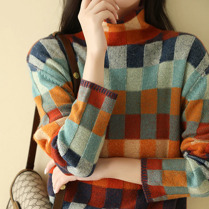 Women's multicoloured checkered patchwork turtleneck sweater with long sleeves