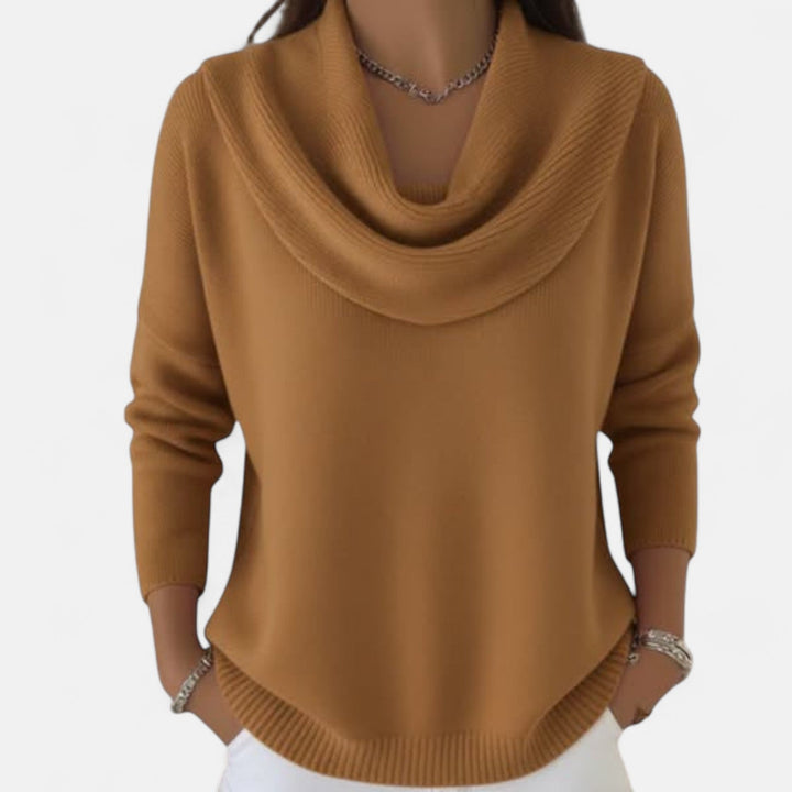 Women's long sleeve cowl neck knit sweater with ribbed hem