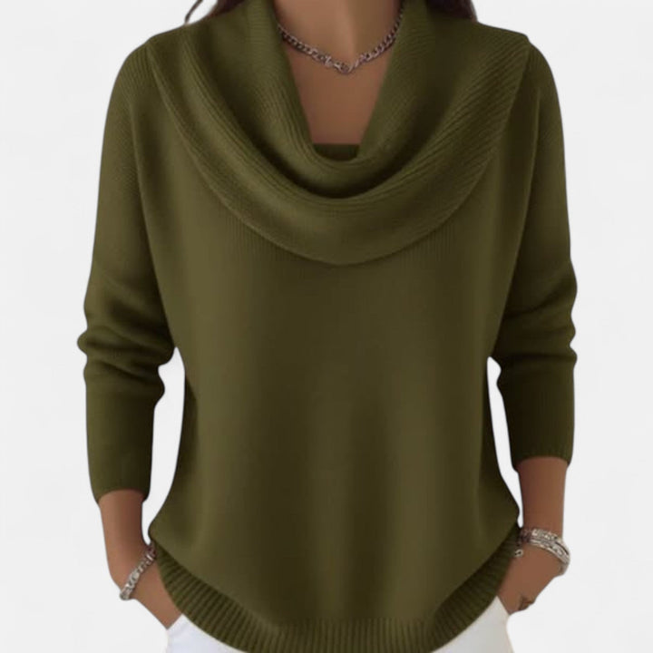 Women's long sleeve cowl neck knit sweater with ribbed hem