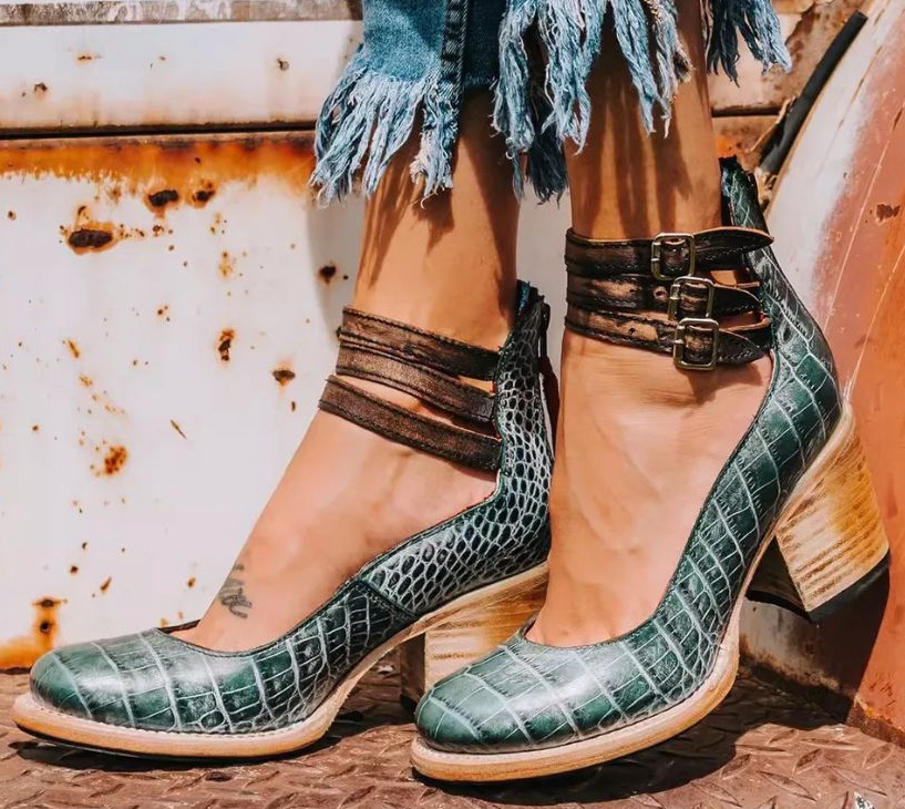 Women's ankle boots with three buckle straps and block heels