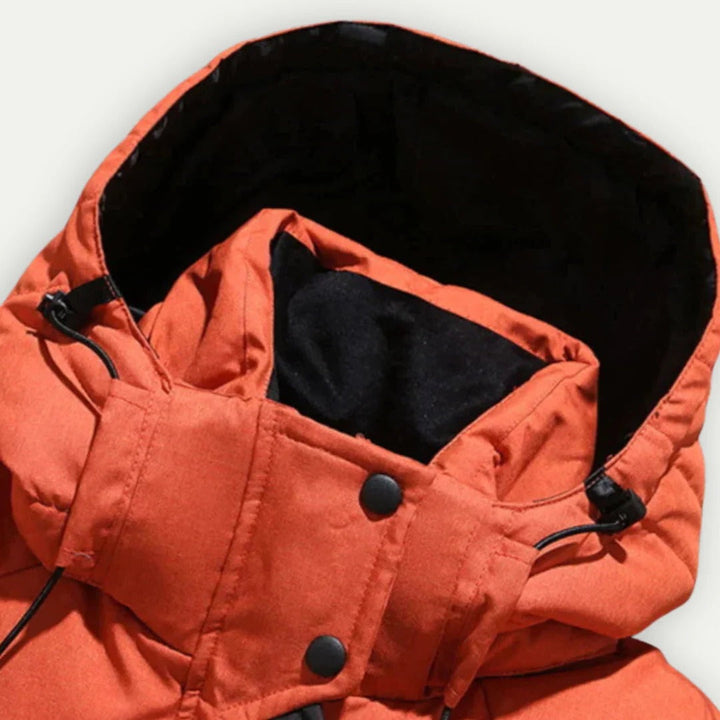Men's hooded quilted puffer jacket with zip fastening and multiple pockets