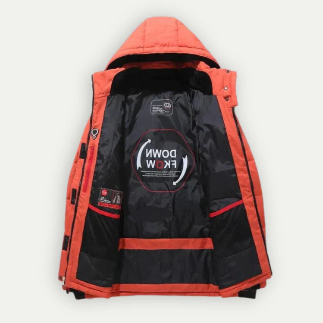 Men's hooded quilted puffer jacket with zip fastening and multiple pockets