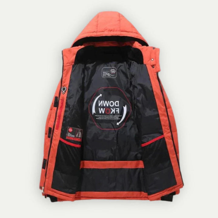 Men's hooded quilted puffer jacket with zip fastening and multiple pockets