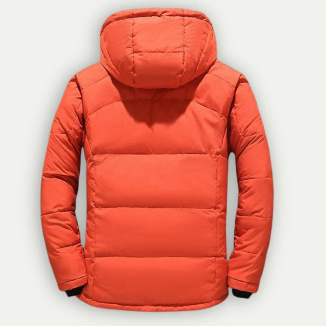 Men's hooded quilted puffer jacket with zip fastening and multiple pockets