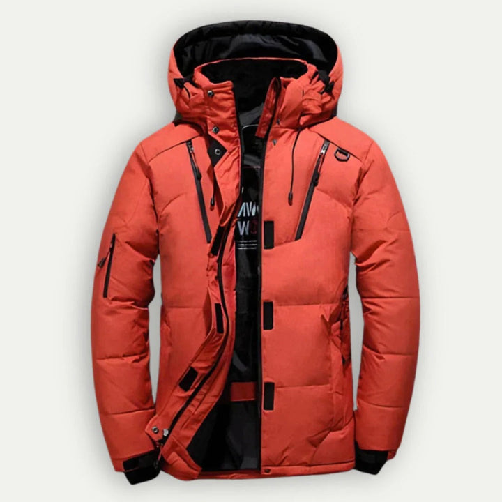 Men's hooded quilted puffer jacket with zip fastening and multiple pockets