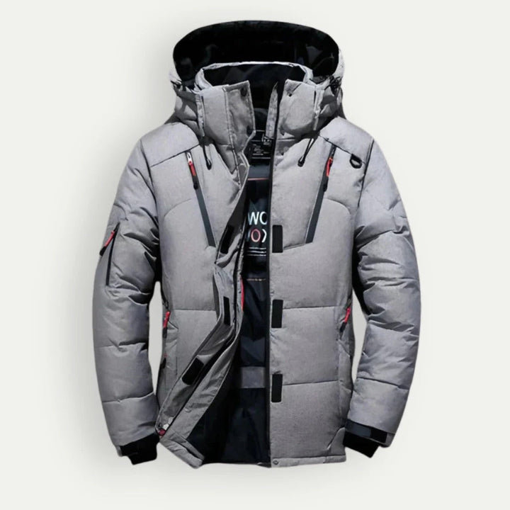 Men's hooded quilted puffer jacket with zip fastening and multiple pockets