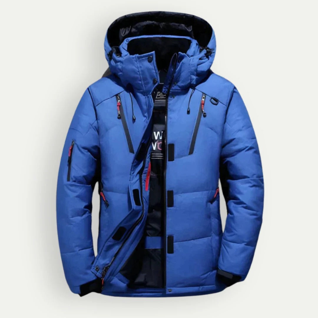 Men's hooded quilted puffer jacket with zip fastening and multiple pockets