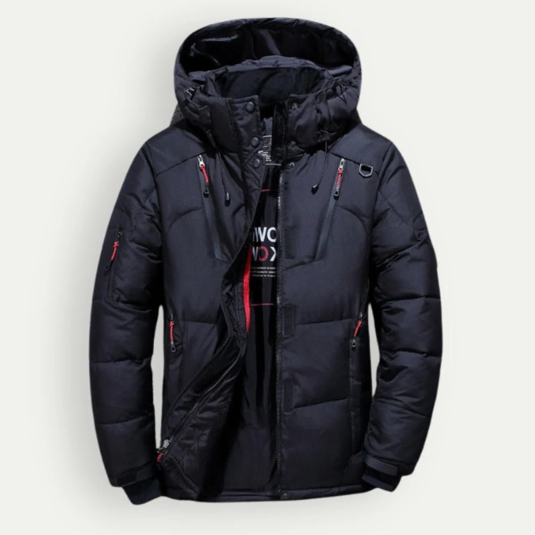 Men's hooded quilted puffer jacket with zip fastening and multiple pockets