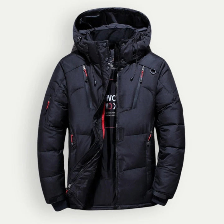Men's hooded quilted puffer jacket with zip fastening and multiple pockets