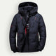 Men's hooded quilted puffer jacket with zip fastening and multiple pockets