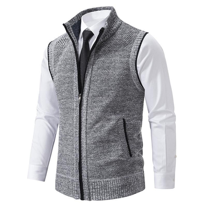 Men's textured sleeveless gilet with stand collar, front zip and zipped pockets