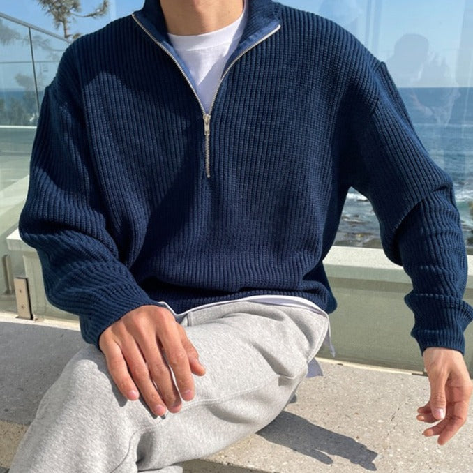 Men's ribbed half-zip sweater with mock neck and long sleeves