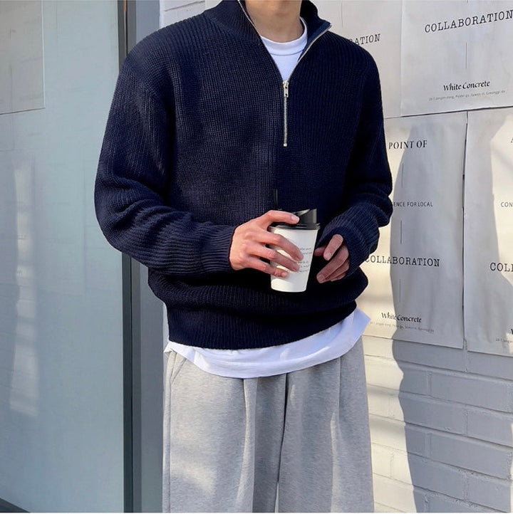 Men's ribbed half-zip sweater with mock neck and long sleeves