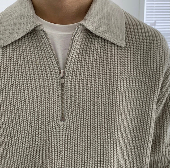 Men's ribbed collared half-zip sweater with long sleeves