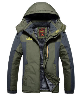Men's hooded colour block winter coat with front zip and pockets