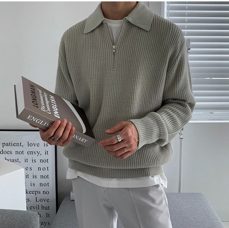 Men's ribbed collared half-zip sweater with long sleeves