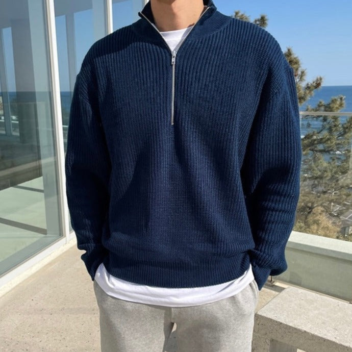 Men's ribbed half-zip sweater with mock neck and long sleeves