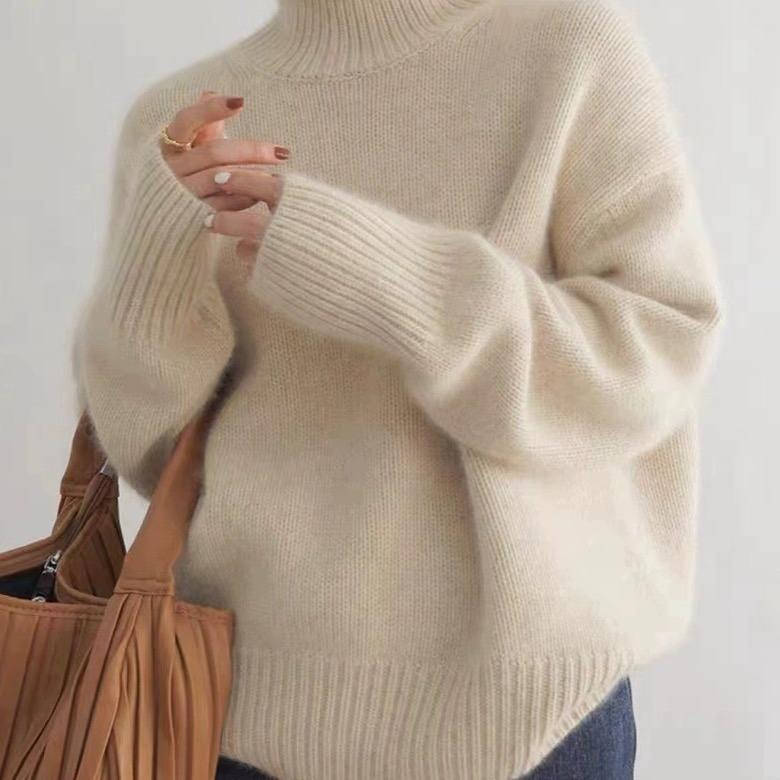 Women's plain turtleneck knit sweater with long sleeves