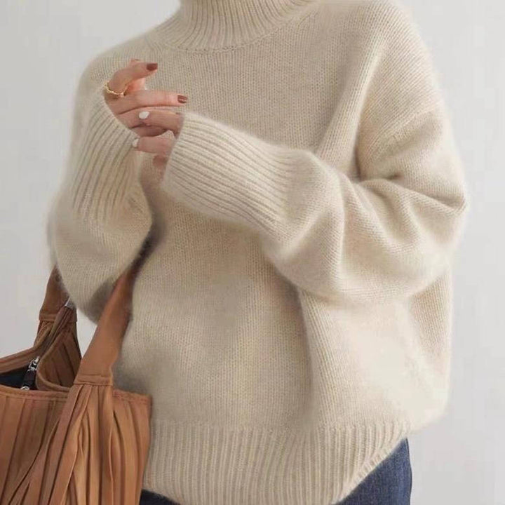 Women's plain turtleneck knit sweater with long sleeves