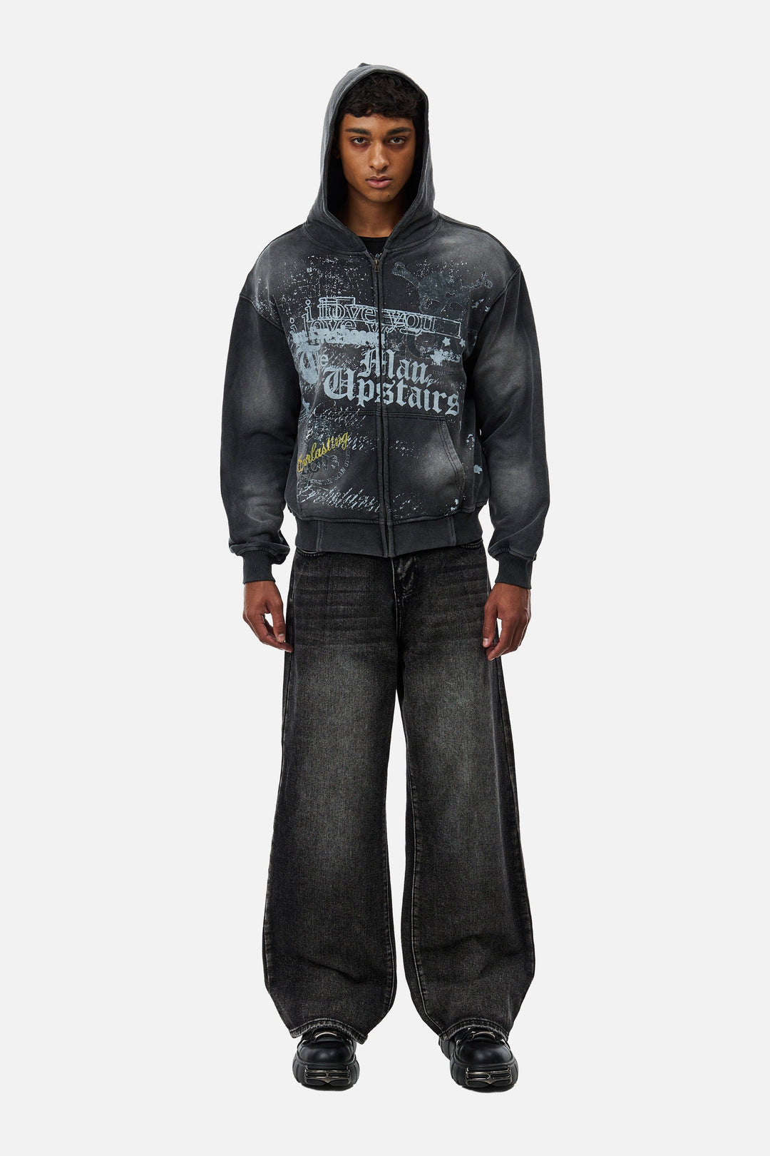 Men's black graphic zip hoodie with hood and front print