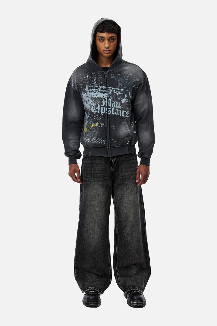 Men's black graphic zip hoodie with hood and front print