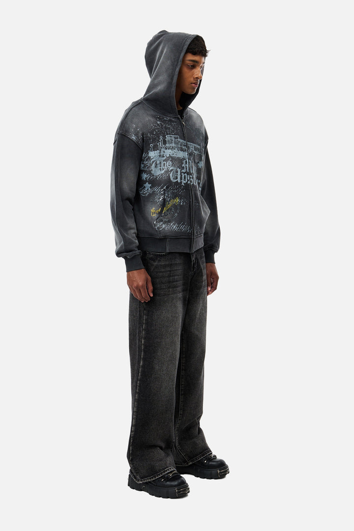 Men's black graphic zip hoodie with hood and front print