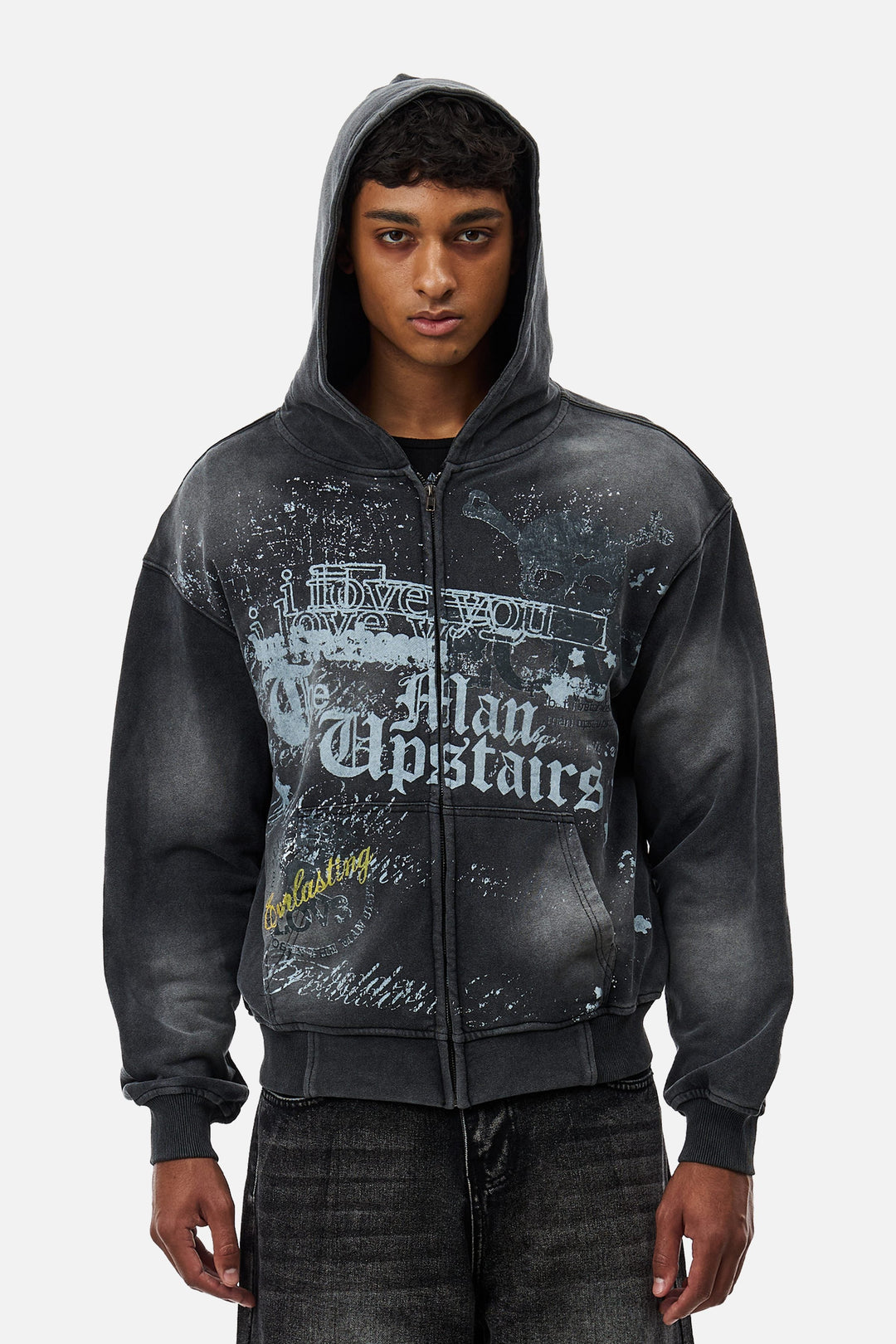 Men's black graphic zip hoodie with hood and front print
