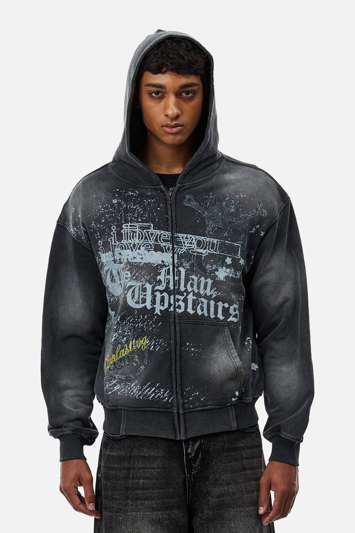 Men's black graphic zip hoodie with hood and front print