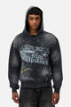 Men's black graphic zip hoodie with hood and front print