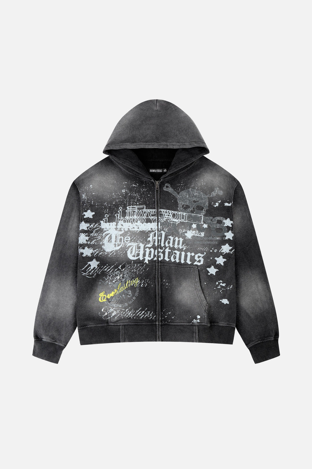 Men's black graphic zip hoodie with hood and front print