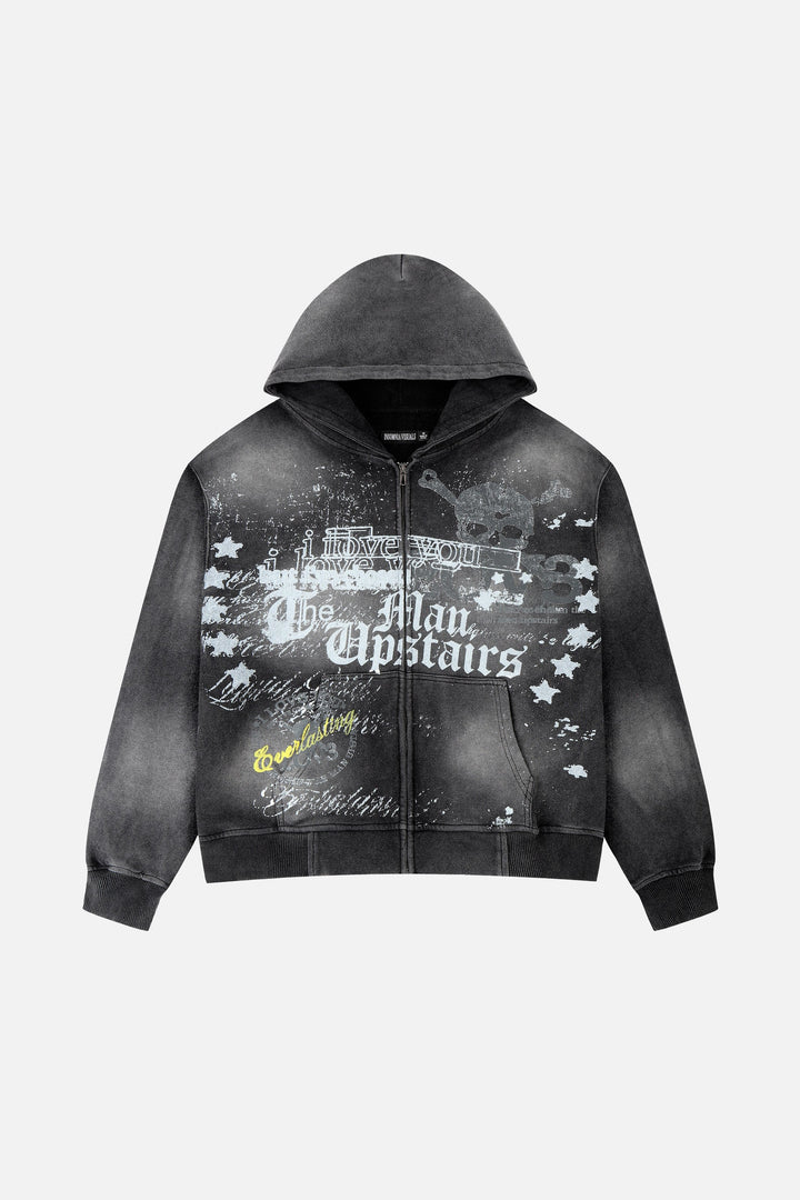 Men's black graphic zip hoodie with hood and front print