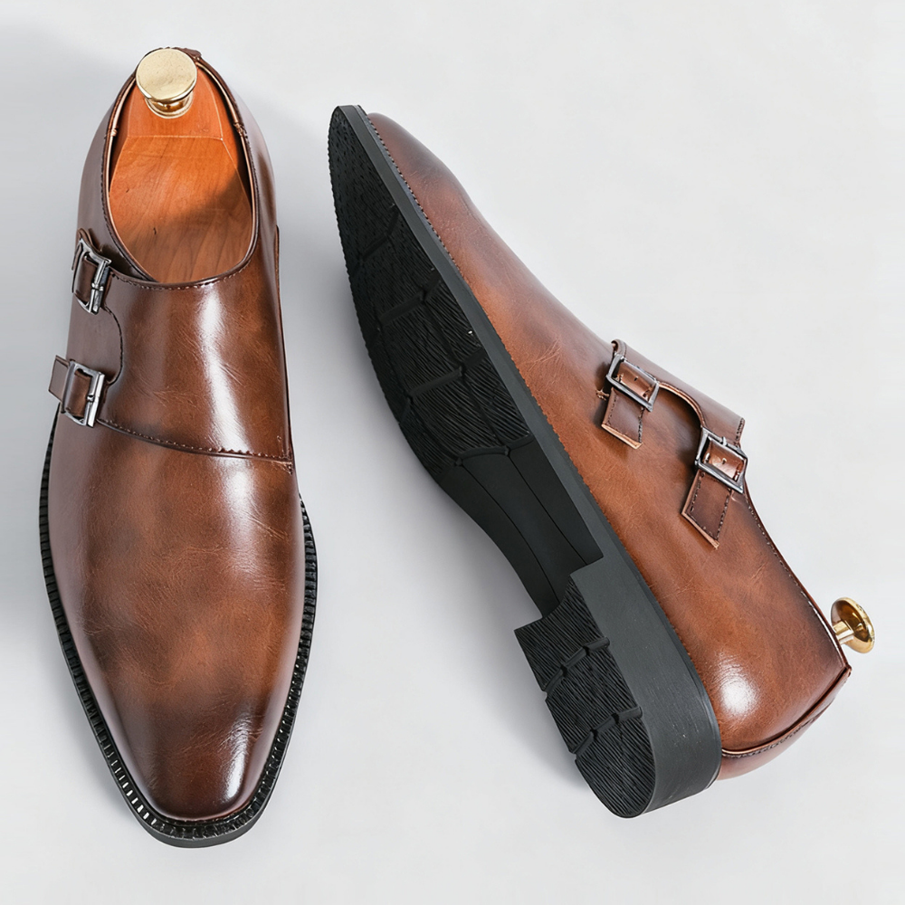 Men's double monk strap loafers with buckles and almond toes