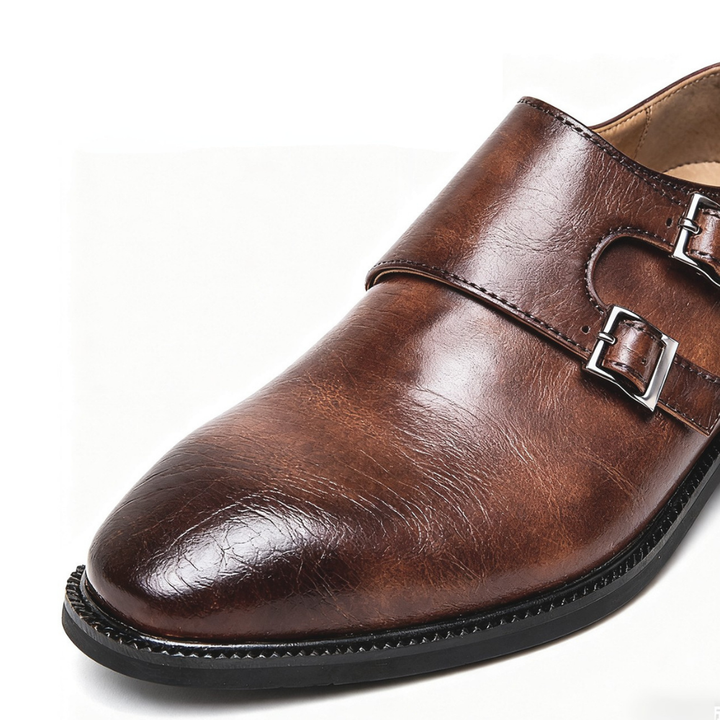 Men's double monk strap loafers with buckles and almond toes