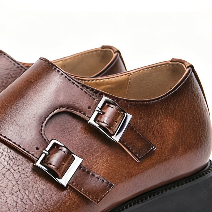 Men's double monk strap loafers with buckles and almond toes