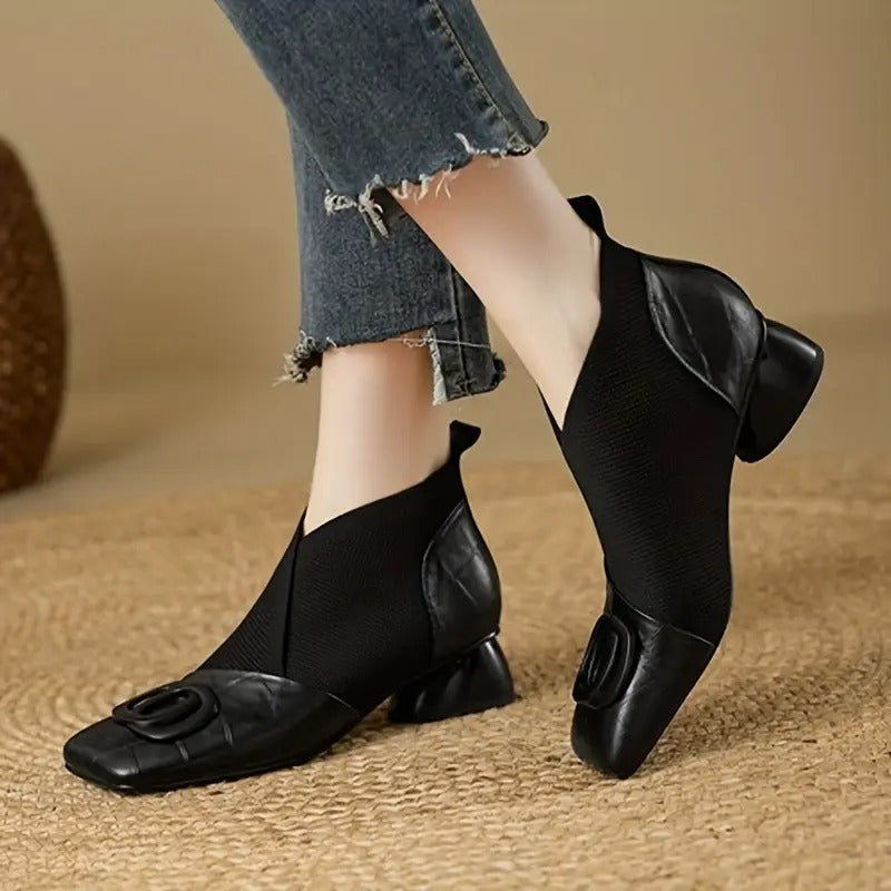 Women's ankle boots with square toes, decorative buckles, elastic side panels and block heels