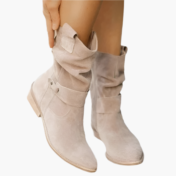 Women's slouch boots with layered buckle straps and low heels