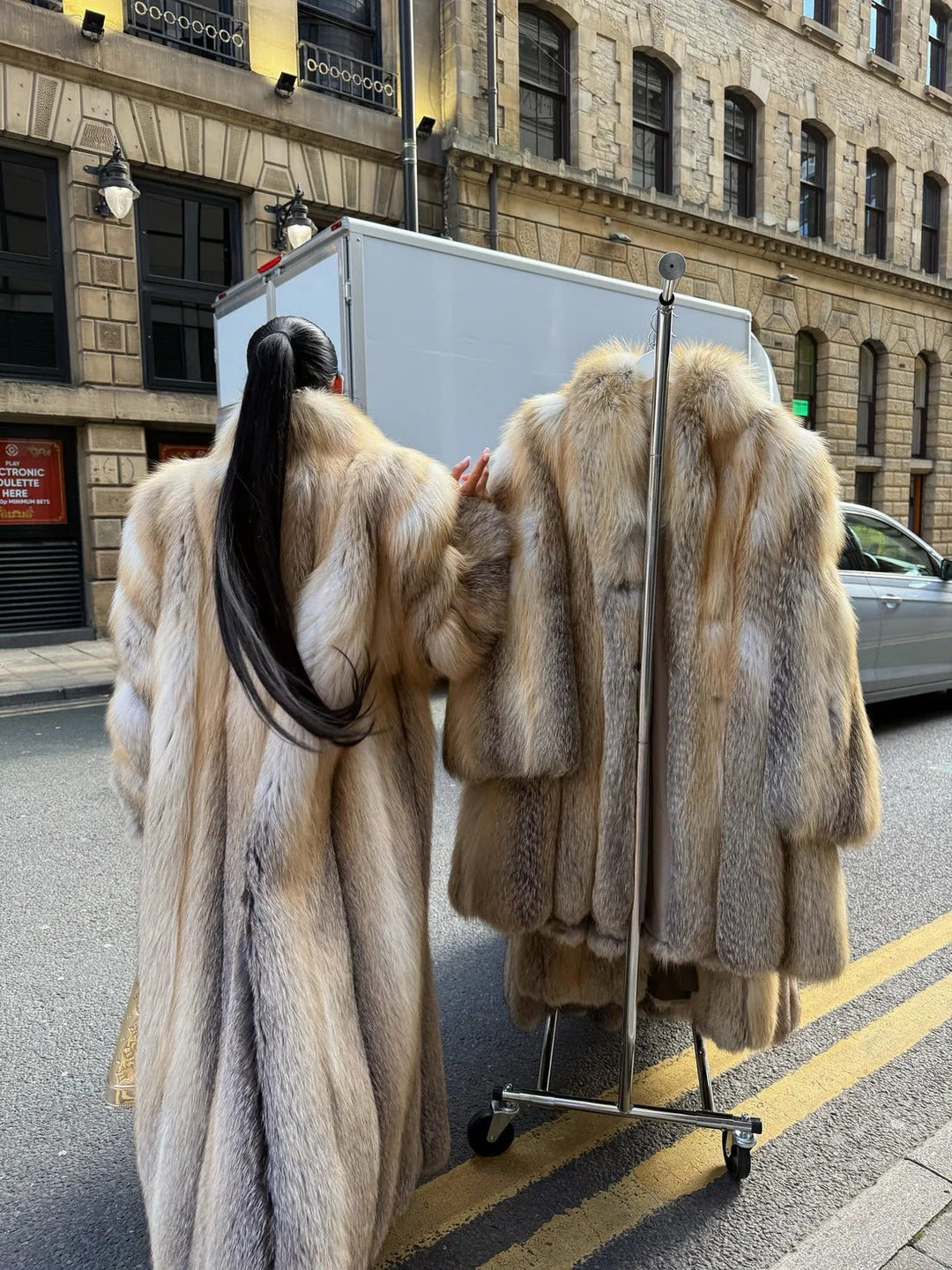 Women's long multicolour faux fur coat with wide collar