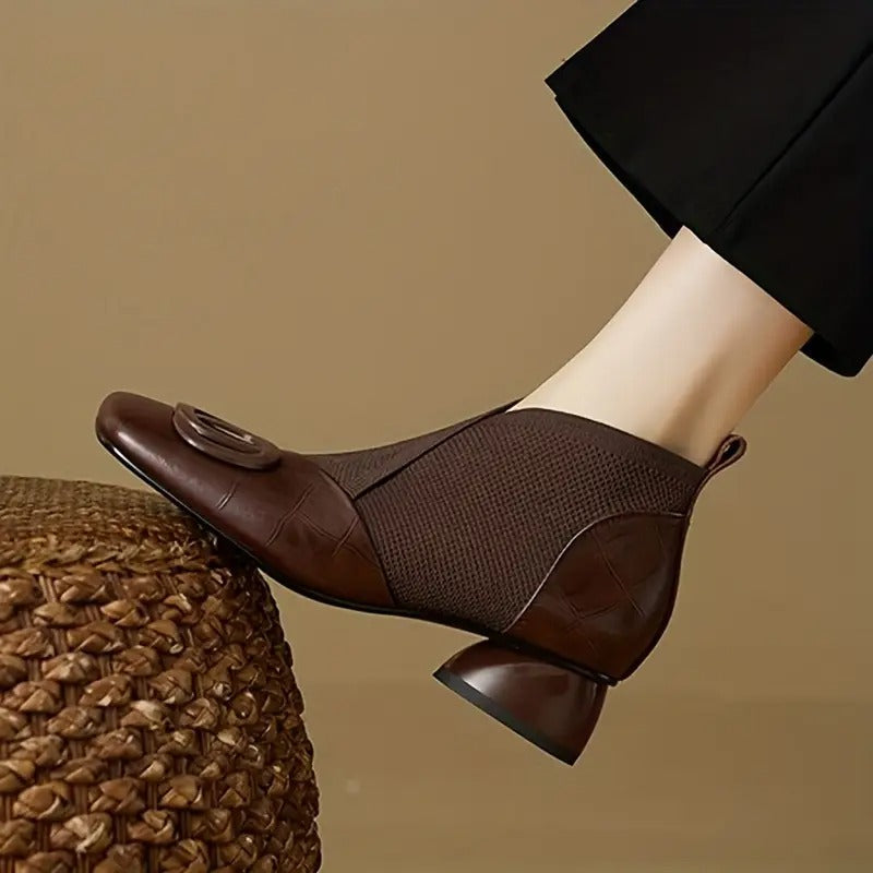 Women's ankle boots with square toes, decorative buckles, elastic side panels and block heels