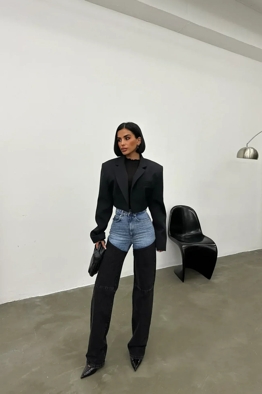 Women's two-tone high-rise straight-leg jeans with blue upper panels and black lower legs