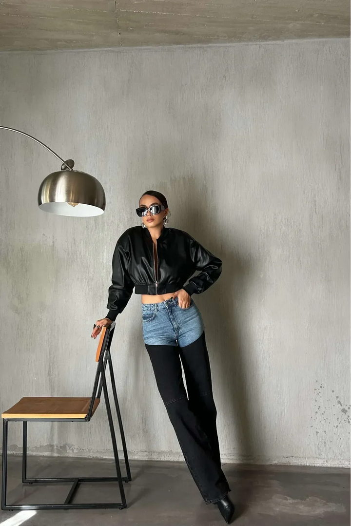 Women's two-tone high-rise straight-leg jeans with blue upper panels and black lower legs