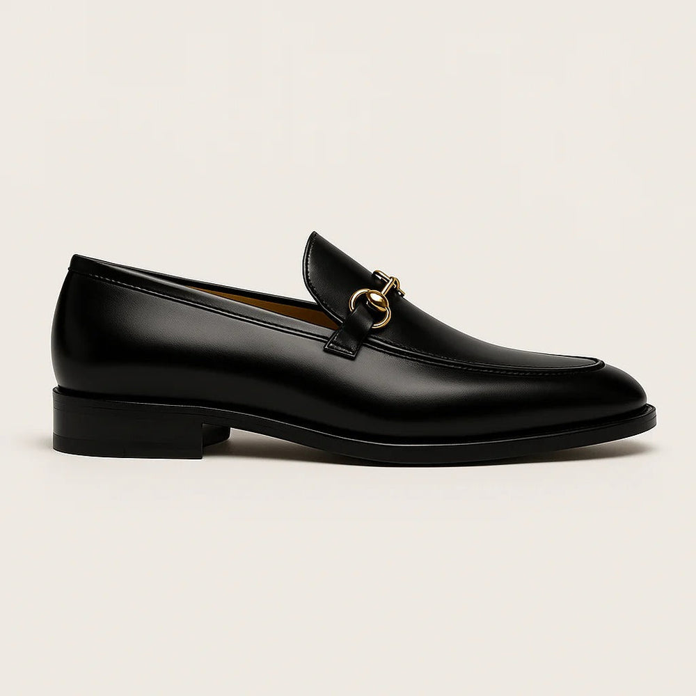 Men's black loafers with gold-tone horsebit detail