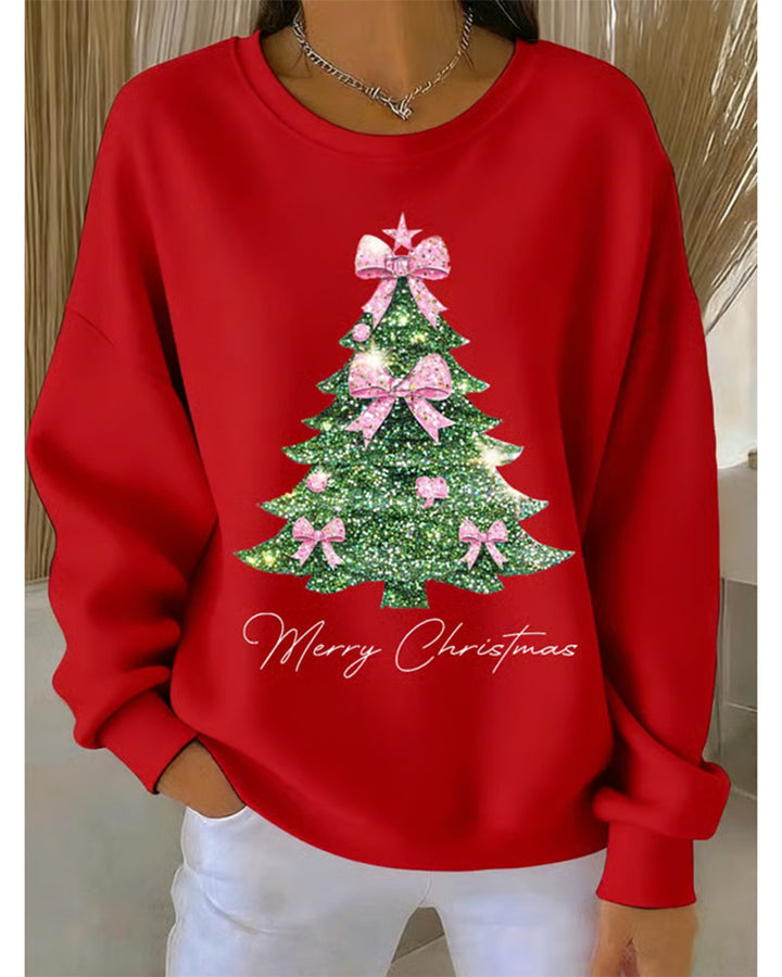Women's long-sleeve Christmas sweatshirt with a Christmas tree and bow graphic